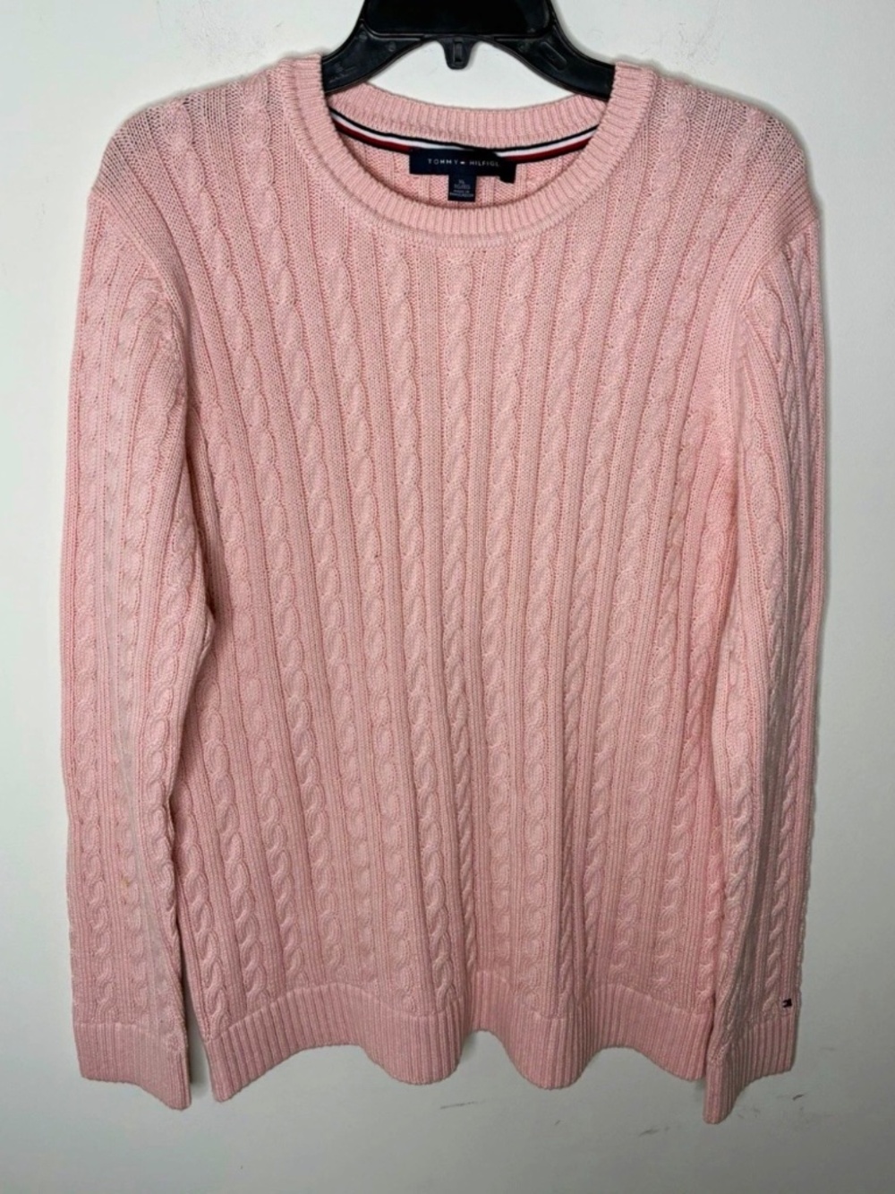 Tommy Hilfiger Preppy Women's Pink Cable-Knit Crew Neck Cotton Sweater XL